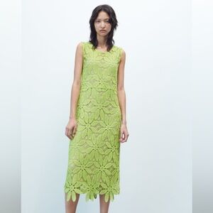 Zara green macramé crochet knit dress size medium NWT